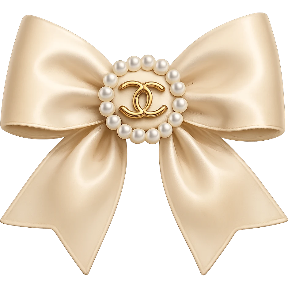 Remove the background, keep only the elegant bow with pearls and gold Chanel logo, glossy, pastel colors, realistic style, with no background. beige emoji