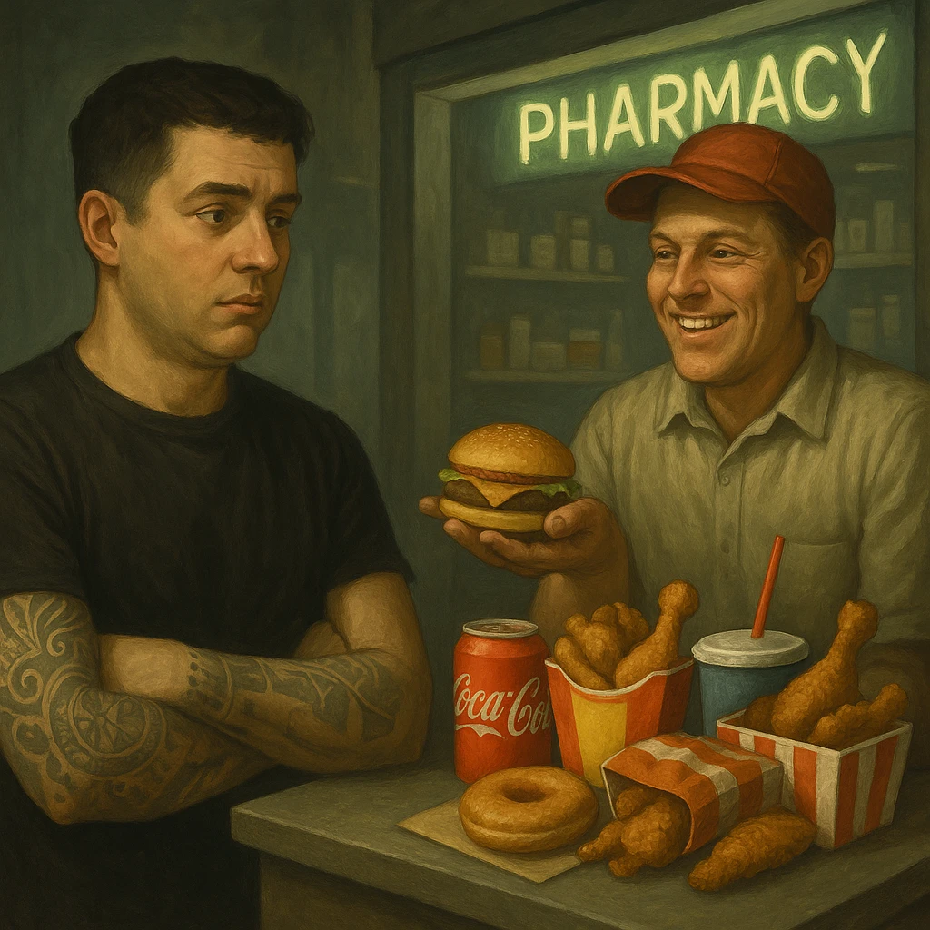 Create an editorial, semi-realistic style scene showing a man being sold processed, unhealthy food such as sodas, fried snacks, sugary pastries, and fast food by a smiling vendor. The man looks unaware or mildly curious. In the background, include a pharmacy or drugstore with a glowing sign clearly visible, symbolizing the consequences of this consumption. Use muted colors for the overall scene except for the bright food packaging and the glowing pharmacy sign, suggesting a cycle of consumption and medication. Maintain the original composition and details from the reference image. emoji