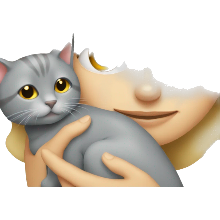 One blond girl is cuddling with one grey cat  emoji