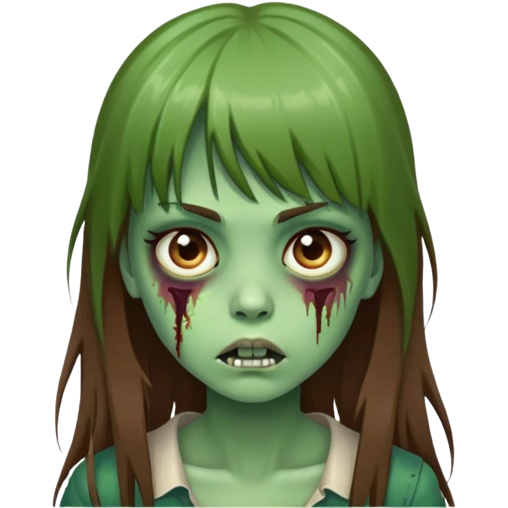 girl zombie with green skin, long brown hair with bangs emoji