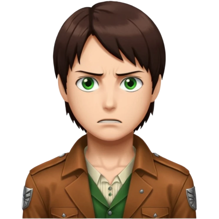 “Create an avatar that looks like Eren Yeager from Attack on Titan, Season 3 — sharp jawline, tied-back long brown hair, intense green eyes, serious expression.” emoji