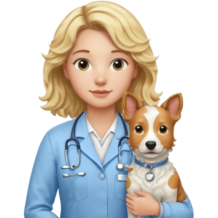 Joven mujer, de cabello bajo los hombros rubio con ondas, veterinaria de perros, vacas y caballos, con traje clínico celeste, sin delantal emoji