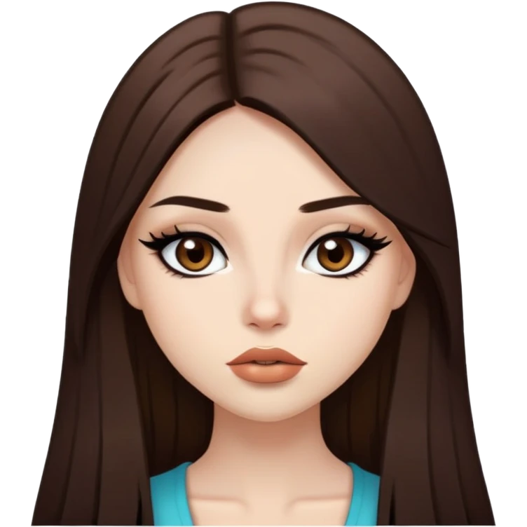 pretty baddie, brown straight hair, cute lips, pale skin, long hair, dark brown eyes, bold black eyeliner emoji