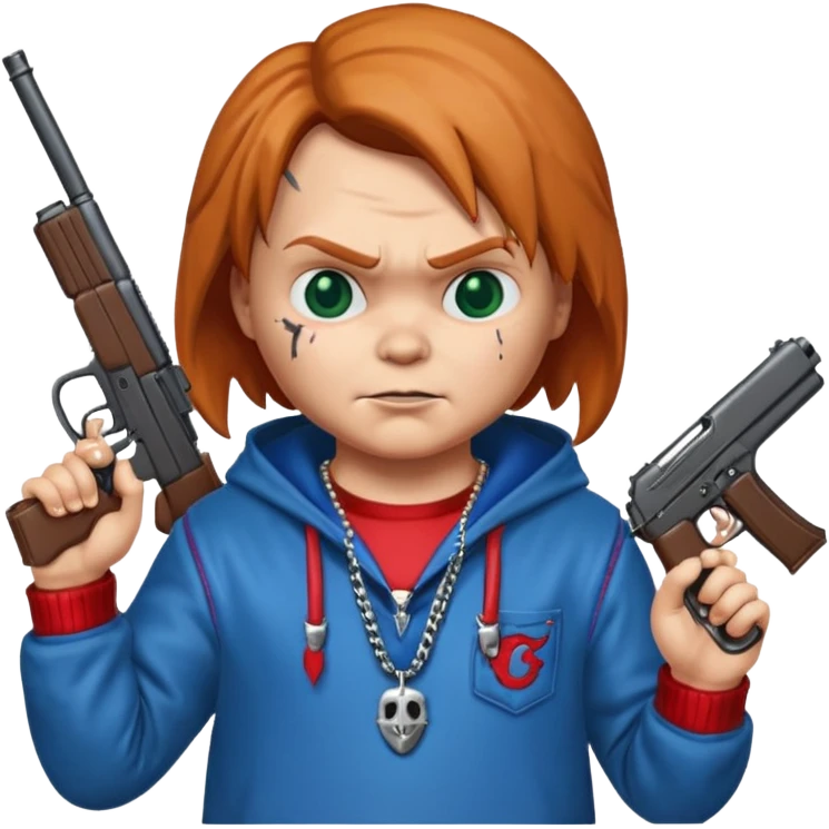 Chuky con pistola encapuchado y con collares emoji