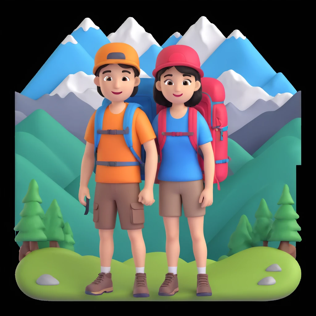 back packer couple posing, mountains in background,   close up pose emoji
