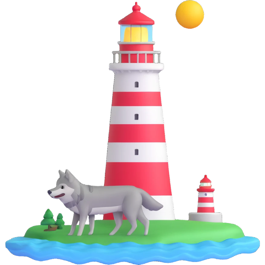 a wolf coding a lighthouse, 3D emoji style emoji