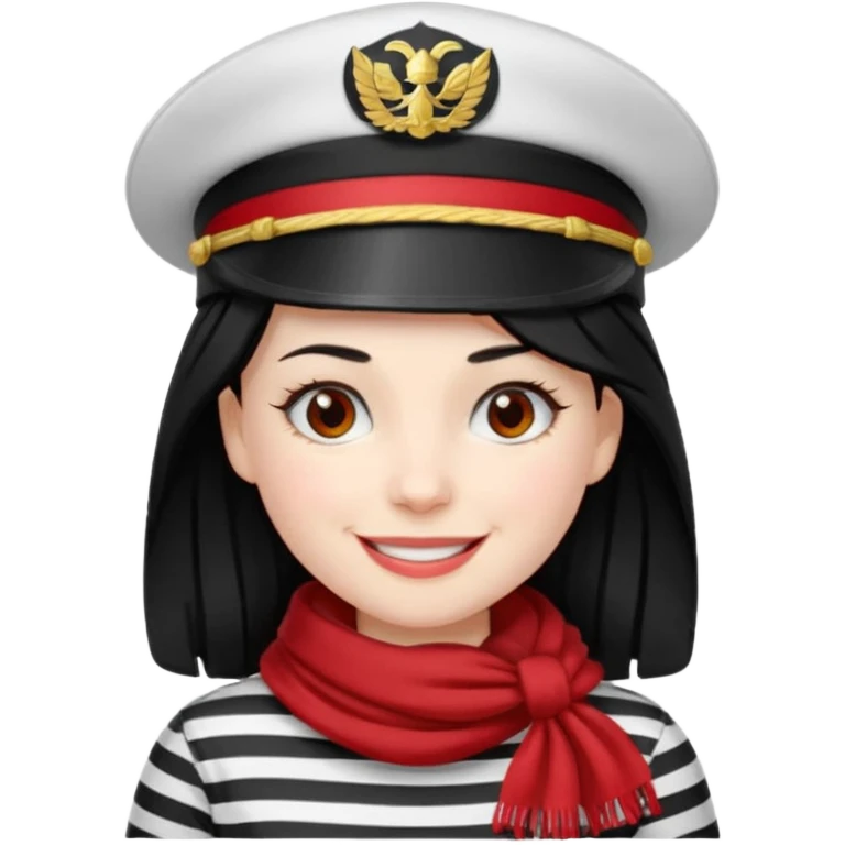 marinera de pelo negro piel blanca con camisa a rayas blanco y negro y pañuelo rojo y gorra de capitana y sonrisa de Duchenne emoji