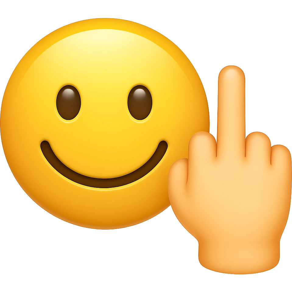 Make the smiley face and middle finger hand look more like a mobile phone emoji, with rounded shapes, glossy finish, and a style similar to standard phone emoji icons, keeping the transparent background. emoji