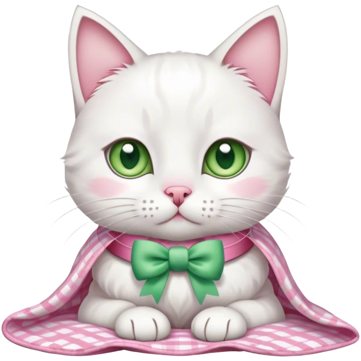 white cat with a bow on its collar under a pink gingham blanket  emoji