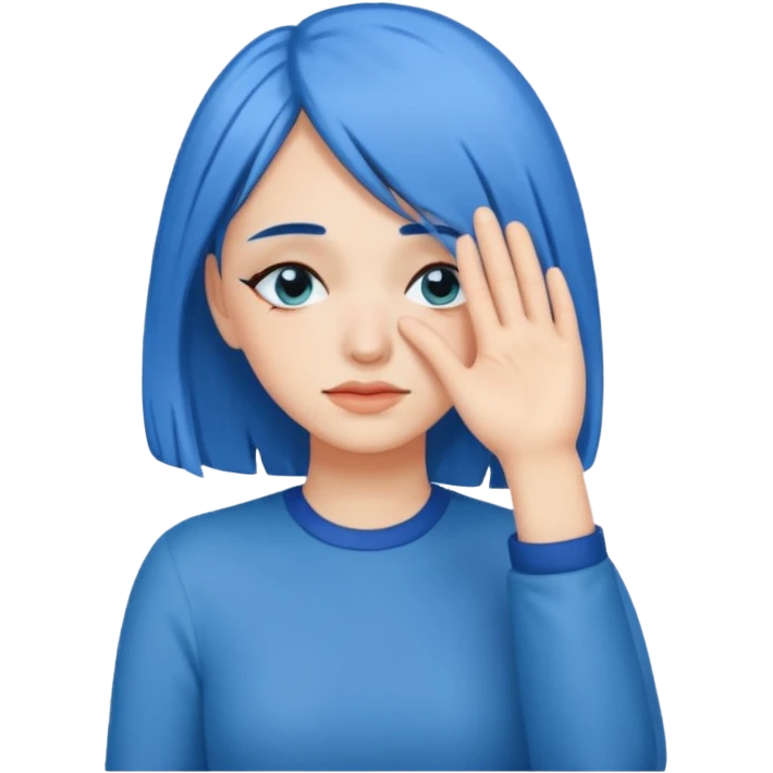 Woman with hand.covering eyes with medium length blue hair emoji