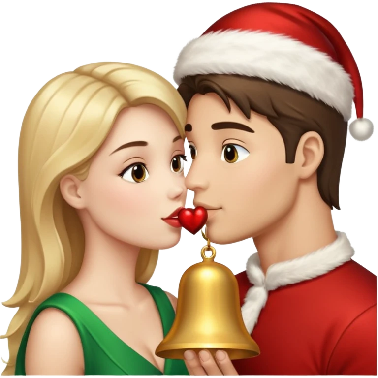 a handsome man and a pretty woman kiss Christmas bell emoji