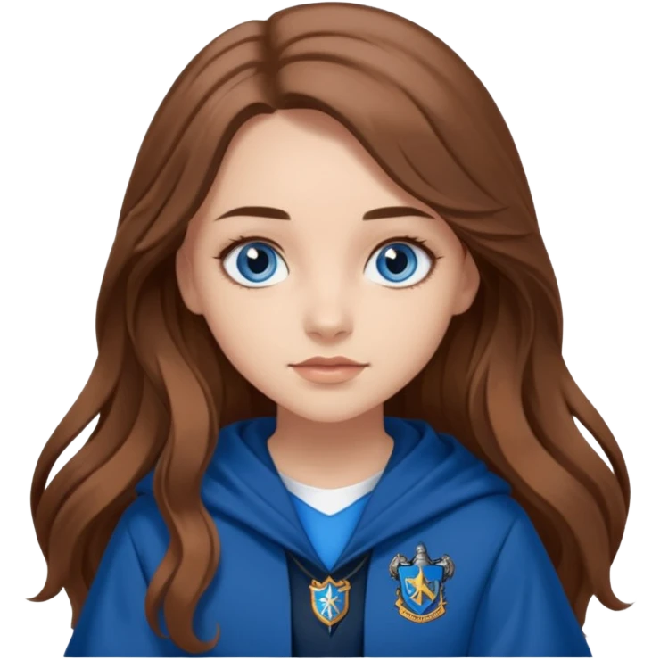 gorgeous Girl with light skin, blue eyes, long brown hair, wears a ravenclaw outfit emoji