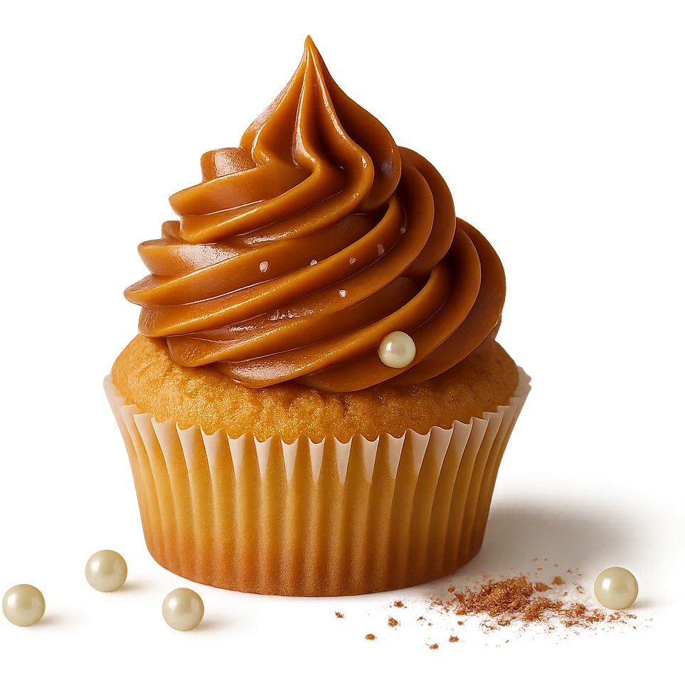 Change the icing to caramel, keep the realistic cupcake and accessories, photorealistic style, transparent background. emoji