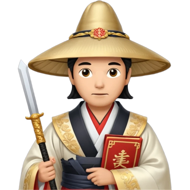 Samurai lord, Elegant noble in long robes with tall hat, holding a scroll of orders. emoji