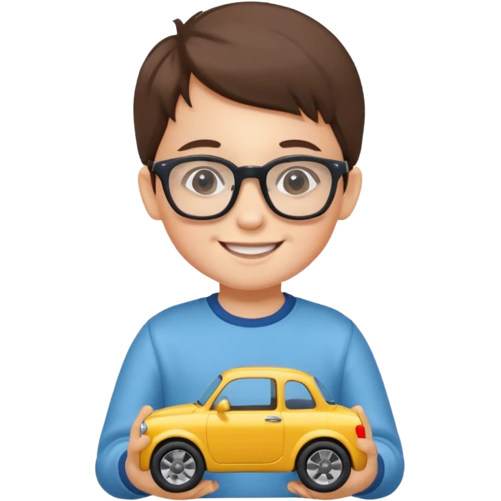 The child with glasses → is holding a toy car emoji