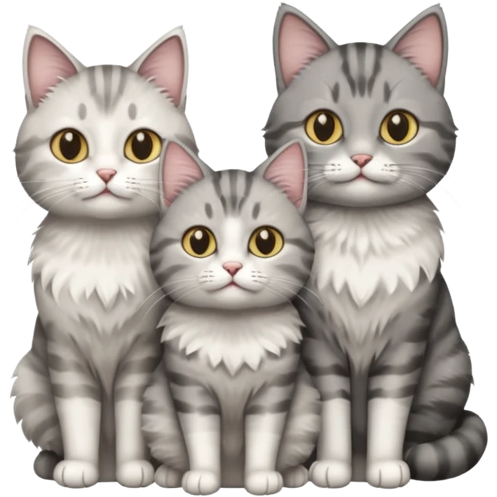 a fluffy grey and white cat sitting with 2 other cats emoji