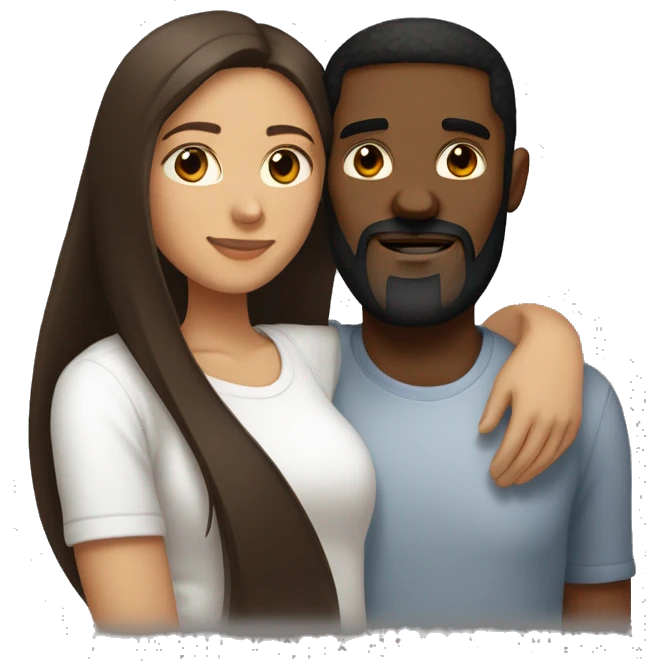 light skin woman with very long straight brown hair hugging black man with very short dark hair and a long dark beard wearing a white tshirt emoji