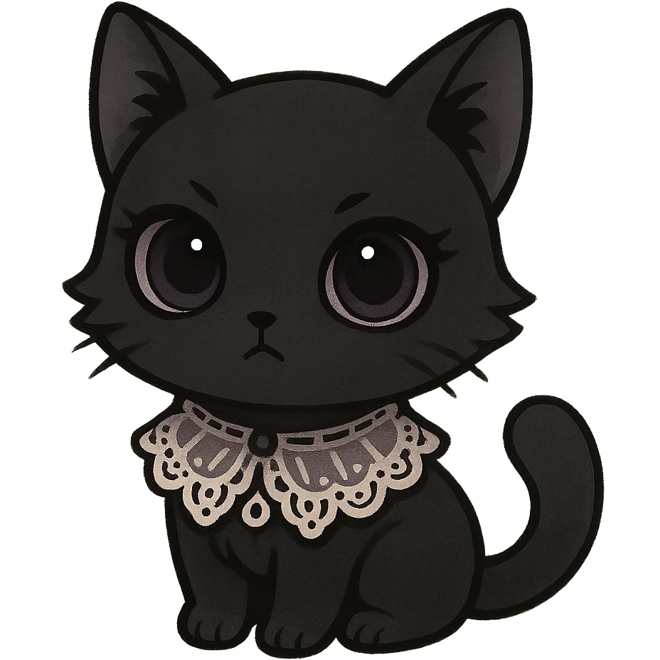 gothic cat, chibi style, black fur, lace collar, big eyes, cute but mysterious emoji