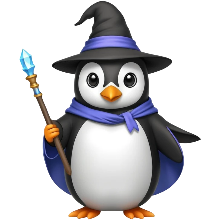 penguin wearing wizard hat and robe, holding magic wand emoji