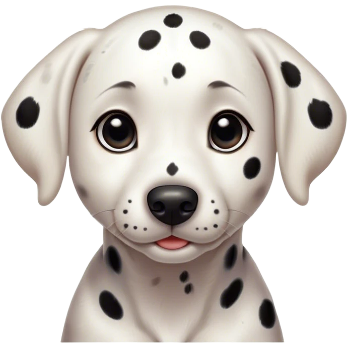 Cinematic Cute Dalmatian Portrait Emoji, Head tilted playfully and inquisitively, showcasing a smooth white coat speckled with charming black spots, round, sparkling dark eyes filled with curiosity, Simplified yet irresistibly adorable features, highly detailed, glowing with a warm, friendly glow, high shine, affectionate and lively, stylized with a touch of whimsy, bright and endearing, soft glowing outline, capturing the essence of a mischievous yet loving pup, so playful it feels like it could bound out of the screen and into your arms! emoji