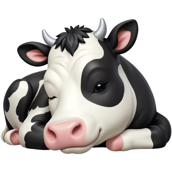 Meme-Worthy Cute Sleeping Black and White Cow Portrait Emoji, Head resting peacefully with a contented smile, showcasing a robust build and a luxuriously soft contrasting coat of black and white, eyes shut in a serene, restful nap, Simplified yet hilariously adorable features, highly detailed, glowing with a soft, drowsy light, high shine, relaxed and utterly lovable, stylized with an air of playful laziness, bright and heartwarming, soft glowing outline, capturing the essence of a comically sleepy cow, so meme-worthy it feels like it could instantly become the next viral sensation of adorable slumber! emoji