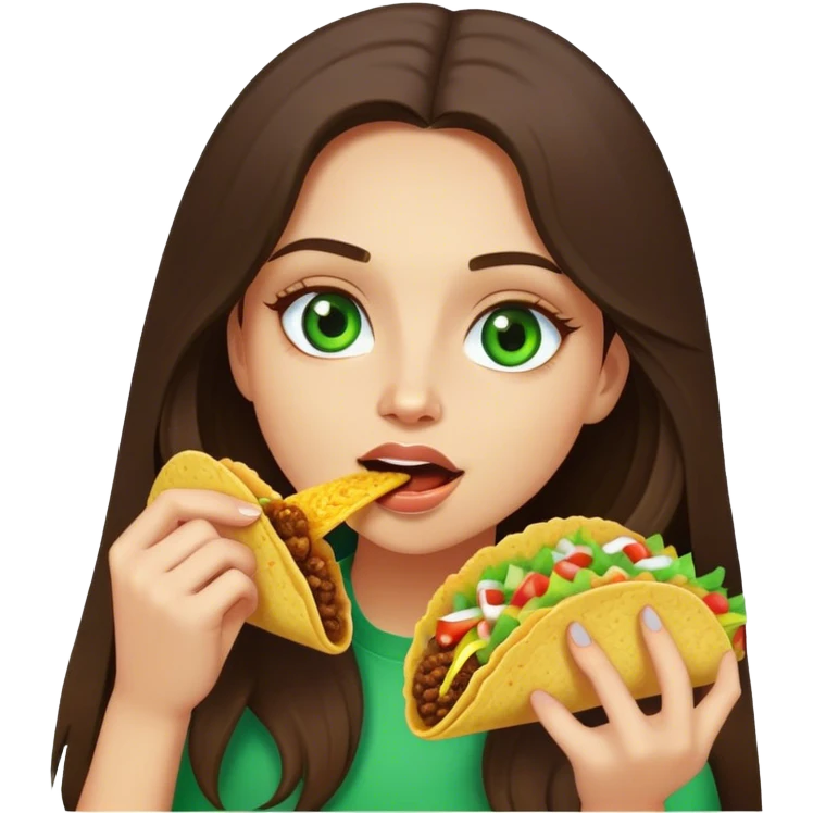 Long haired brunette girl with green eyes eating a taco emoji