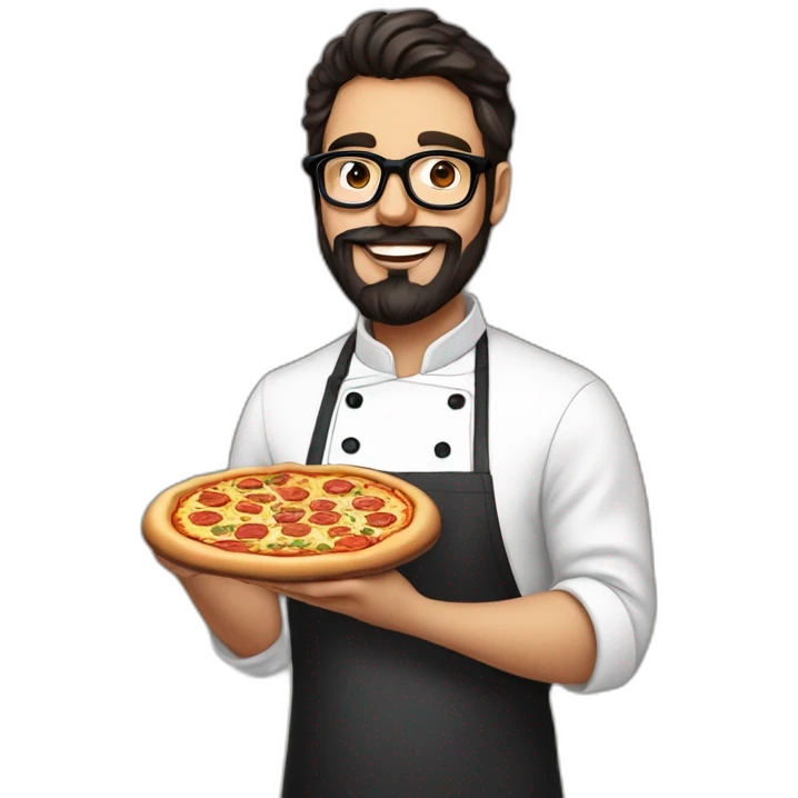 Dark haired 30 years old chef with beard and big glasses proudly holding a pizza emoji