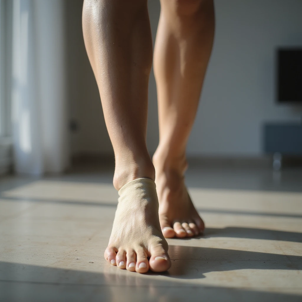 realistic 4K woman wearing an orthotic insole, smiling relieved while walking, but with a shadow of doubt on her face emoji