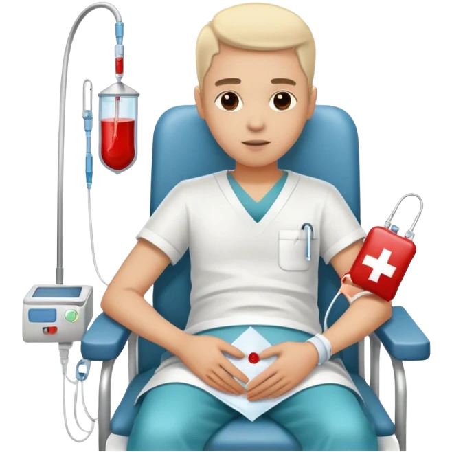 person sitting in a hospital chair receiving a blood transfusion, blood bag connected to their arm, calm expression emoji