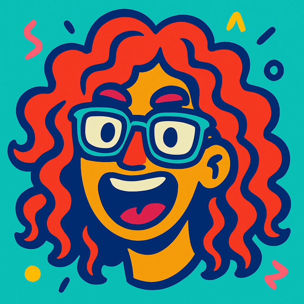 expressive illustration of a face with long curly hair and glasses, zoomer style, modern colors emoji