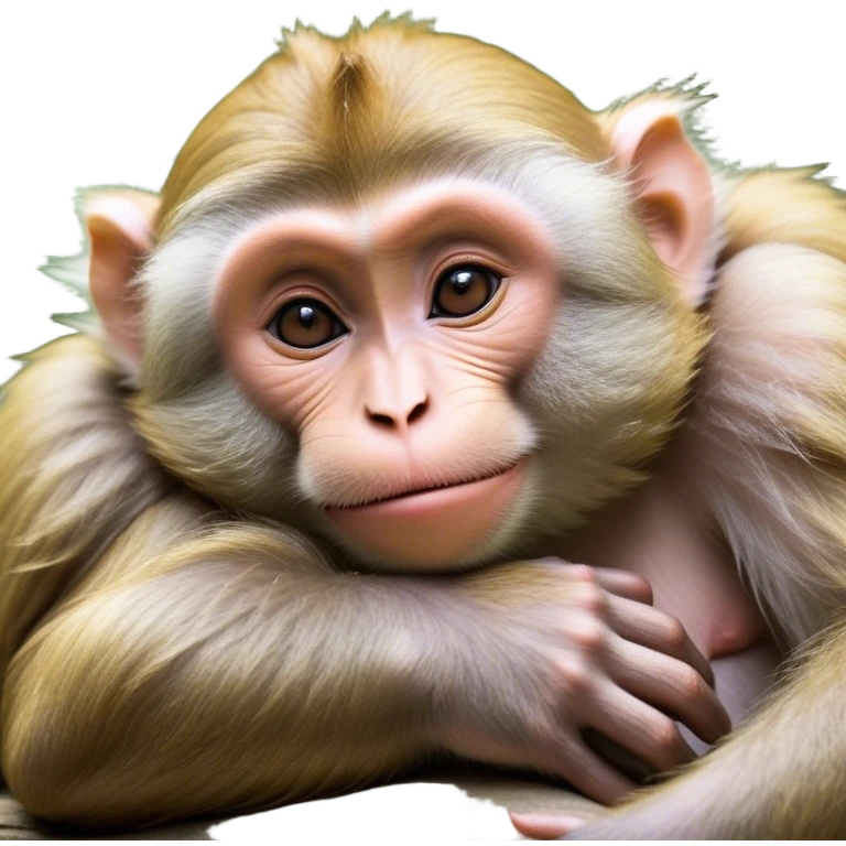 Beautiful and Majestic Cheeky Macaque Portrait Emoji, Head resting in a relaxed, contented smirk with eyes half-closed in a dreamy, playful slumber, showcasing soft, gently ruffled fur and a compact, agile build, Simplified yet exquisitely endearing features, highly detailed, glowing with a soft, radiant light, high shine, serene yet mischievous, stylized with an air of refined playful charm, soft glowing outline, capturing the essence of a beautiful and majestic macaque that embodies both cheeky humor and gentle elegance! emoji