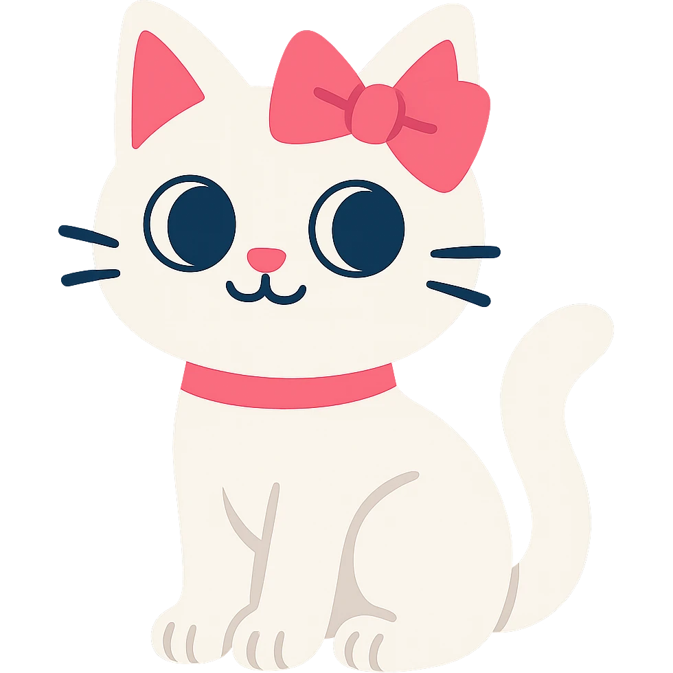 Make the cat white with a pink ribbon on her head, no background, keep vibrant toon style. emoji