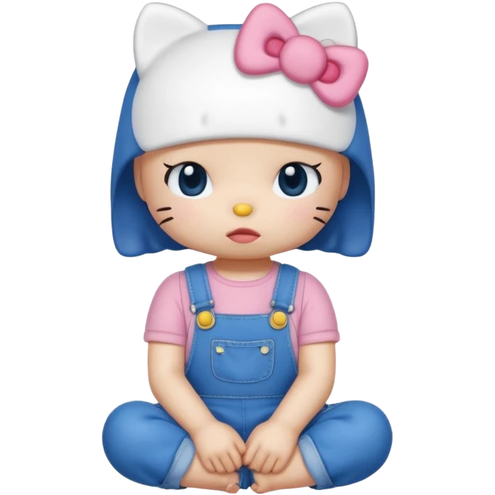 Hello Kitty from Sanrio, sitting and crying, blue overalls, visible tears, minimal background emoji