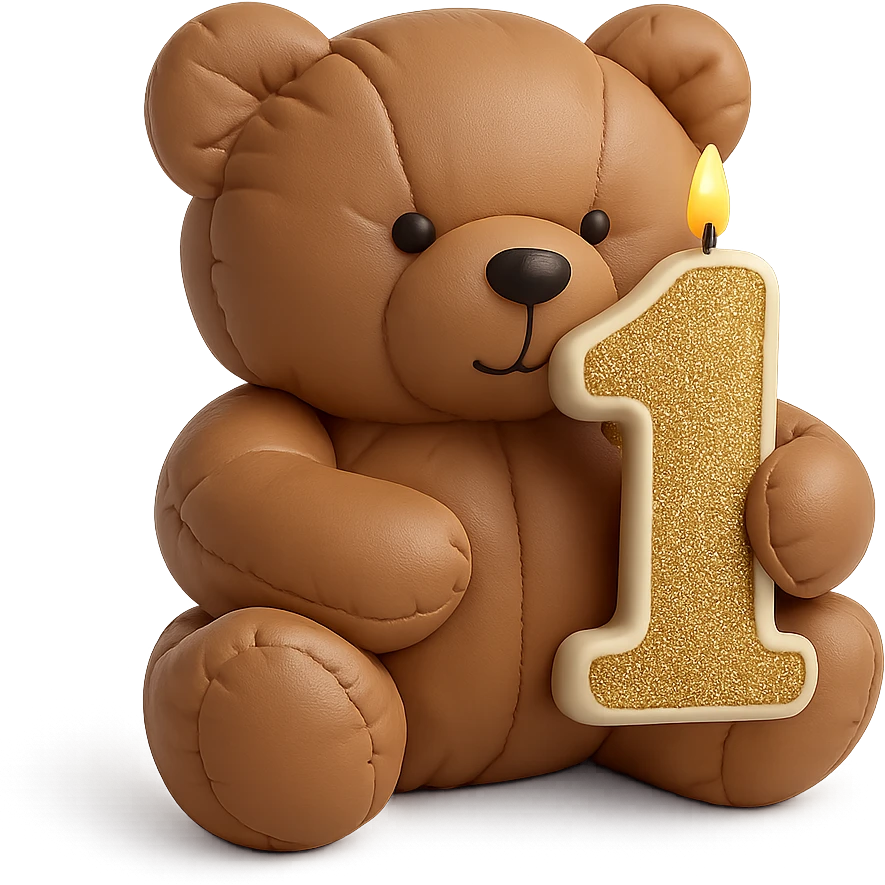 brown teddy holding sparkly number "1" candle, cushion style, transparent background emoji