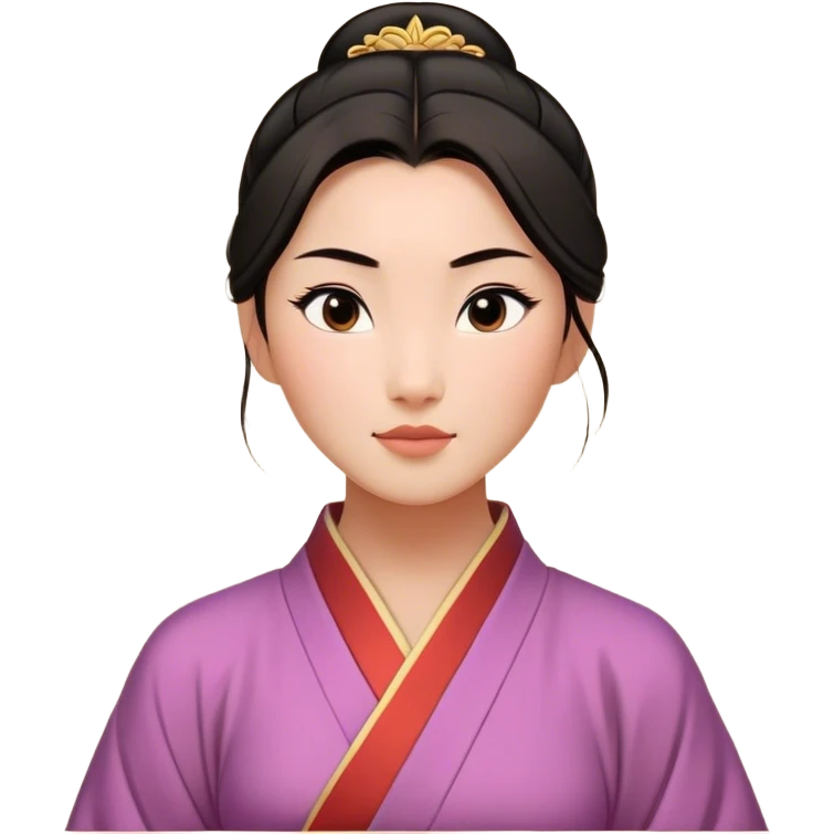 Cinematic Timeless Mulan Portrait Emoji, rendered in a clean vector style. Depict Mulan with warm, light-toned skin, neatly styled dark hair in a traditional bun, and a serene, confident expression, dressed in a simple traditional robe with minimal decoration. The image is highlighted by a soft, inviting glow and a subtle glowing outline, capturing enduring beauty and quiet strength. emoji