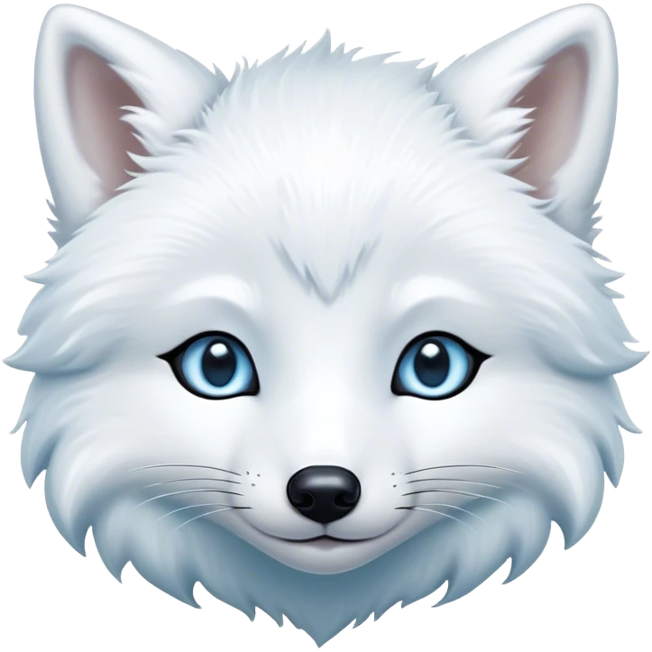 Cinematic Cute Arctic Fox Portrait Emoji, Head tilted playfully and inquisitively, featuring a silky, pure white Fur with delicate hints of icy blue on the ears and muzzle, round, sparkling eyes filled with curious charm, Simplified yet irresistibly adorable features, highly detailed, glowing with a warm, friendly glow, high shine, affectionate and spirited, stylized with a touch of frosty whimsy, bright and endearing, soft glowing outline, capturing the essence of a mischievous yet loving arctic fox, so playful it feels like it could frolic out of the screen and into your arms! emoji