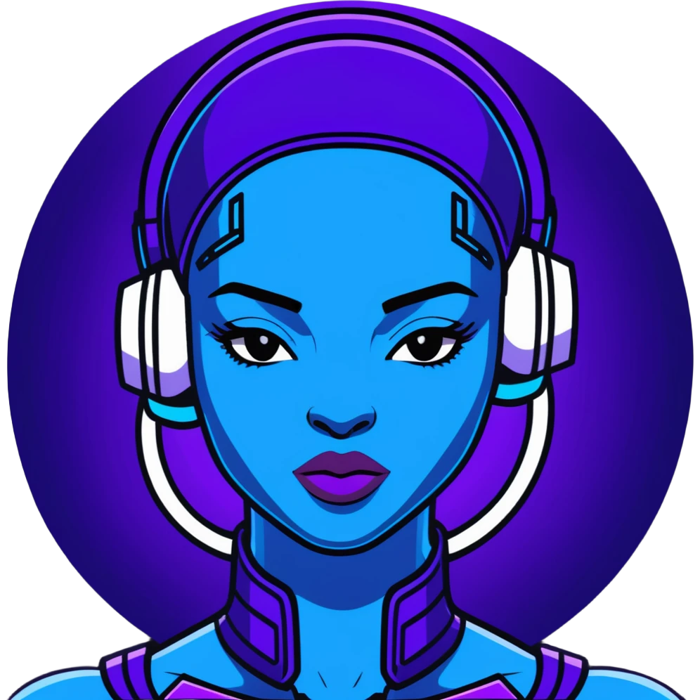 Cyberpunk African female portrait with digital augmentations, electric blue and purple lighting, high-tech headpiece with African pattern elements emoji