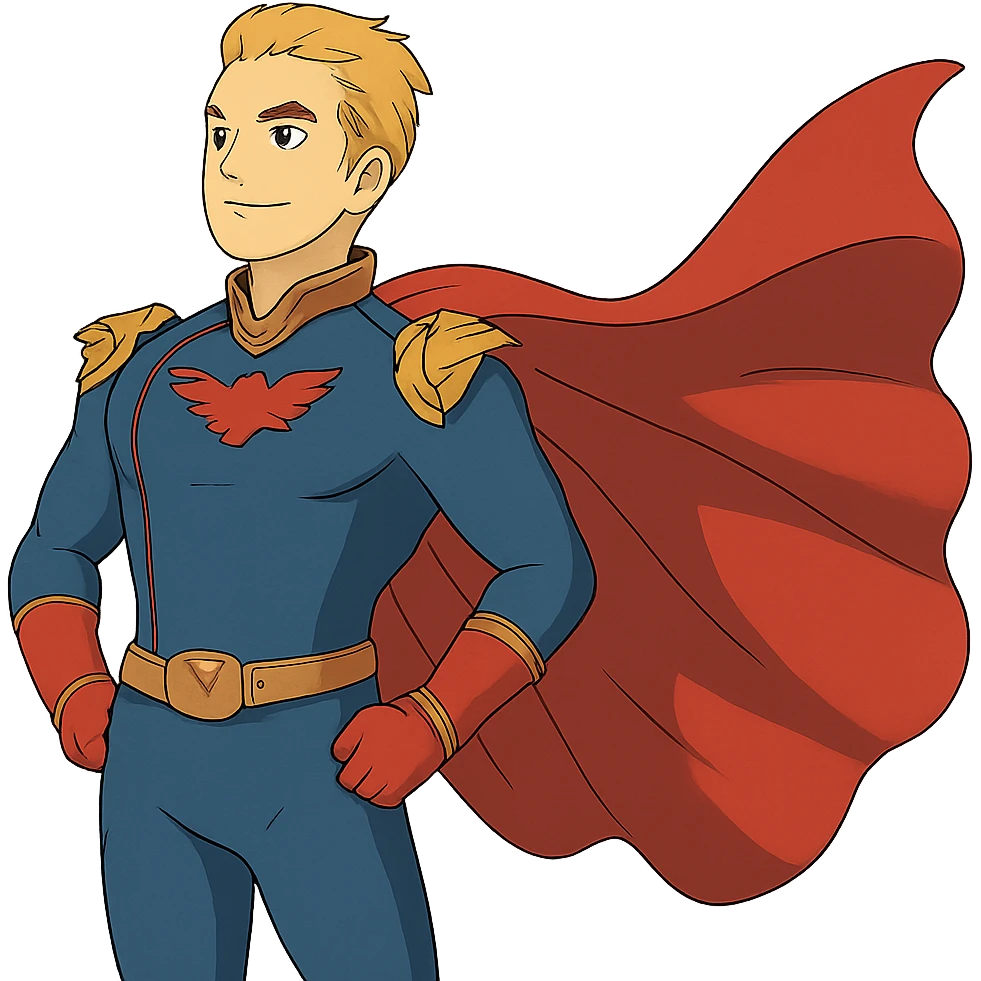 ghibli style Homelander with cape flowing, no background emoji