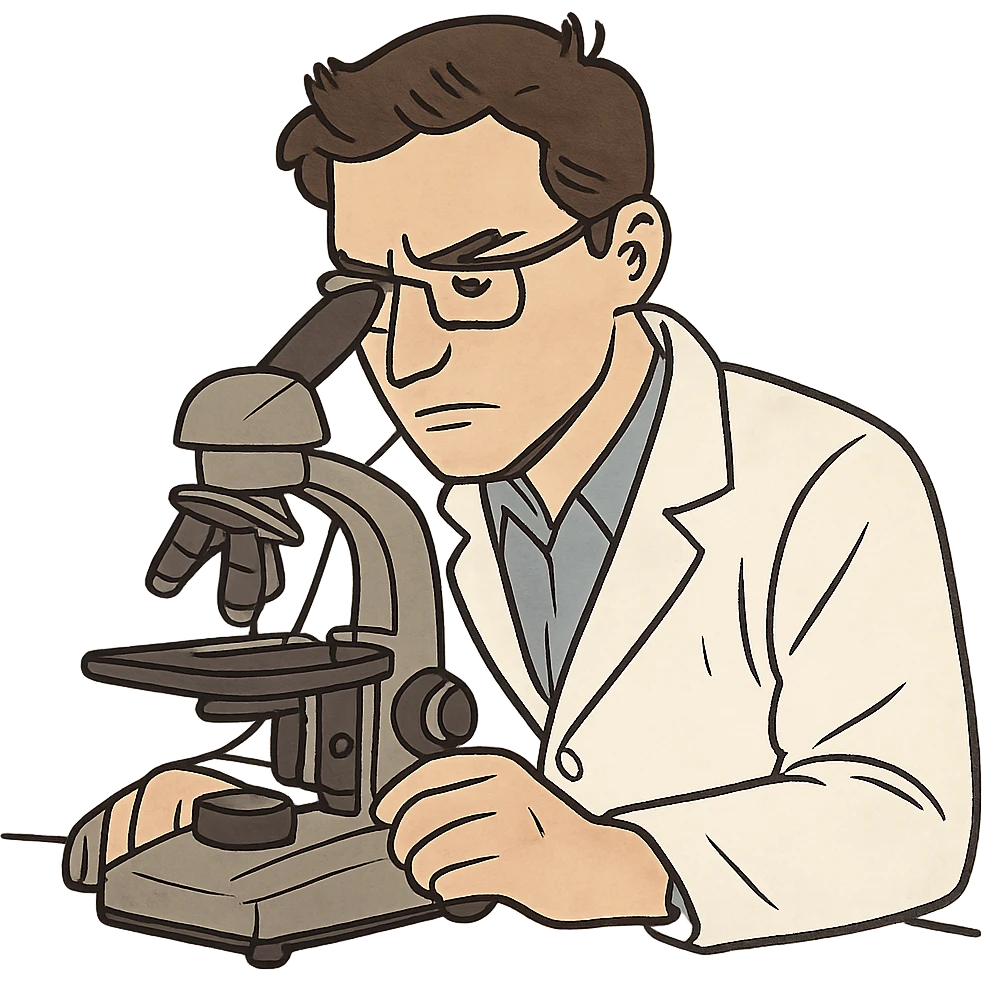 scientist with glasses working at a microscope focused expression simple background emoji