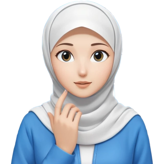 girl with white hijab wearing blue clothes, surrounded by multiple digital screens showing virtual world, metaverse elements, augmented reality displays emoji