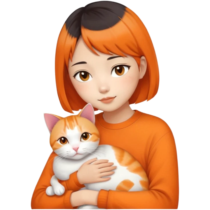 Oriental Asian girl with short bob haircut snuggling with an orange and white cat, cat is mostly white with orange patches, the girl is holding the cat lovingly emoji