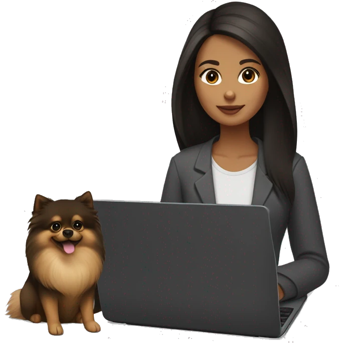 A girl with white skin, long dark brown hair, and brown eyes sitting in front of a laptop and her black-and-tan pomeranian is next to her. emoji