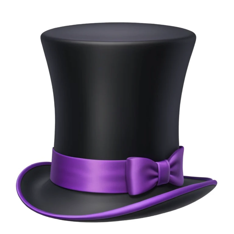 3D apple-style emoji of a tall vintage top hat, simplified shapes, cartoon-like look, glossy finish, soft shadows, white background, tall black hat, wide brim, purple and black checkered ribbon with a red stripe emoji