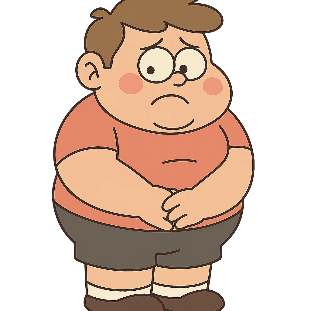 standing fat boy kid, embarrassed, cartoon style emoji
