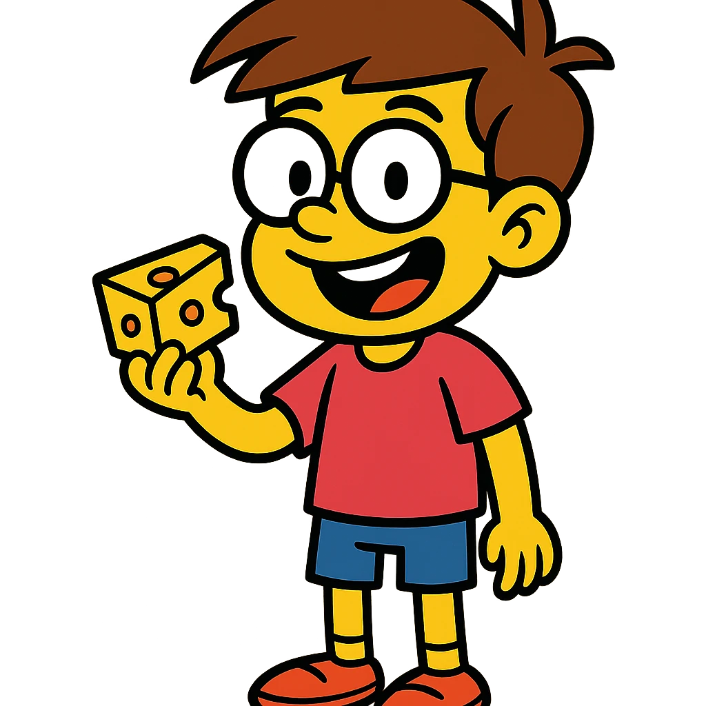 cartoon boy with brown hair, brown eyes, glasses, holding a piece of cheese, yellow toon style emoji