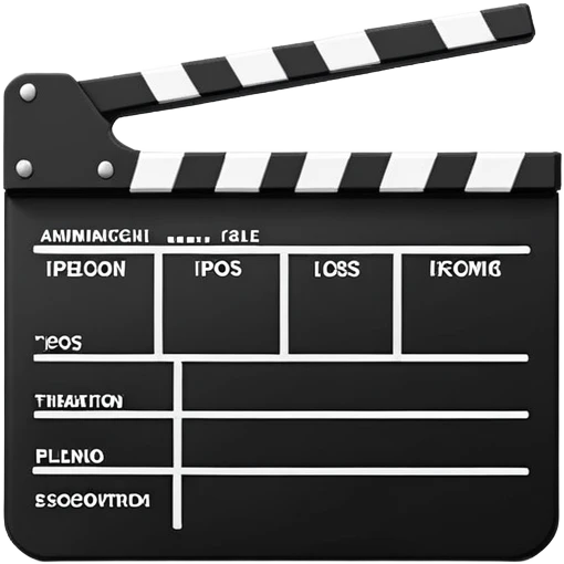 Side view of minimalist clapperboard, black and white with simple geometric shapes, iOS emoji style emoji