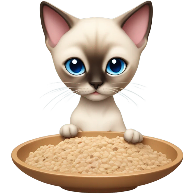 Small boy Siamese cat who is cream color with some brown and blue eyes eating dry food in a pink slow feeder bowl emoji