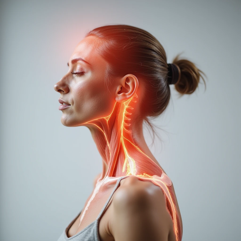realistic anatomical three-quarter view of a woman with head and neck muscles highlighted, reddened head area indicating headache, expression of pain, neutral background emoji