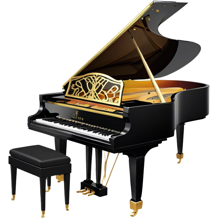 Create an elegant and detailed emoji representing the Seiler 278 Konzert grand piano. The design should feature the grand piano's polished black body with shiny, reflective surfaces, capturing its high-quality craftsmanship. The black and white keys should be clearly visible, with the curved shape of the grand piano’s body and lid, which can be slightly open. Add visible details like the pedal system, the intricate wood finish on the frame, and the elegant legs of the piano. The musical notes should float around the piano, evoking the sound of a professional concert instrument. Use deep black, white, and gold tones to highlight its luxurious appearance. The background should be transparent. emoji
