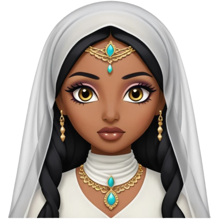 arabian nose, pretty lips, arabian clothes, veil, dark skin,  long black hair, pretty bratz baddie, black eyeliner emoji